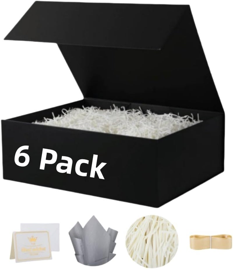 UoeRing 6 Pack Black Gift Box Large 13.5x11.8x4.7 inch Luxury Groomsman Box for Presents with Magnetic Closure Lid Collapsible,Contains Card, Ribbon, Tissue Paper,Shredded Paper Filler - Image 1